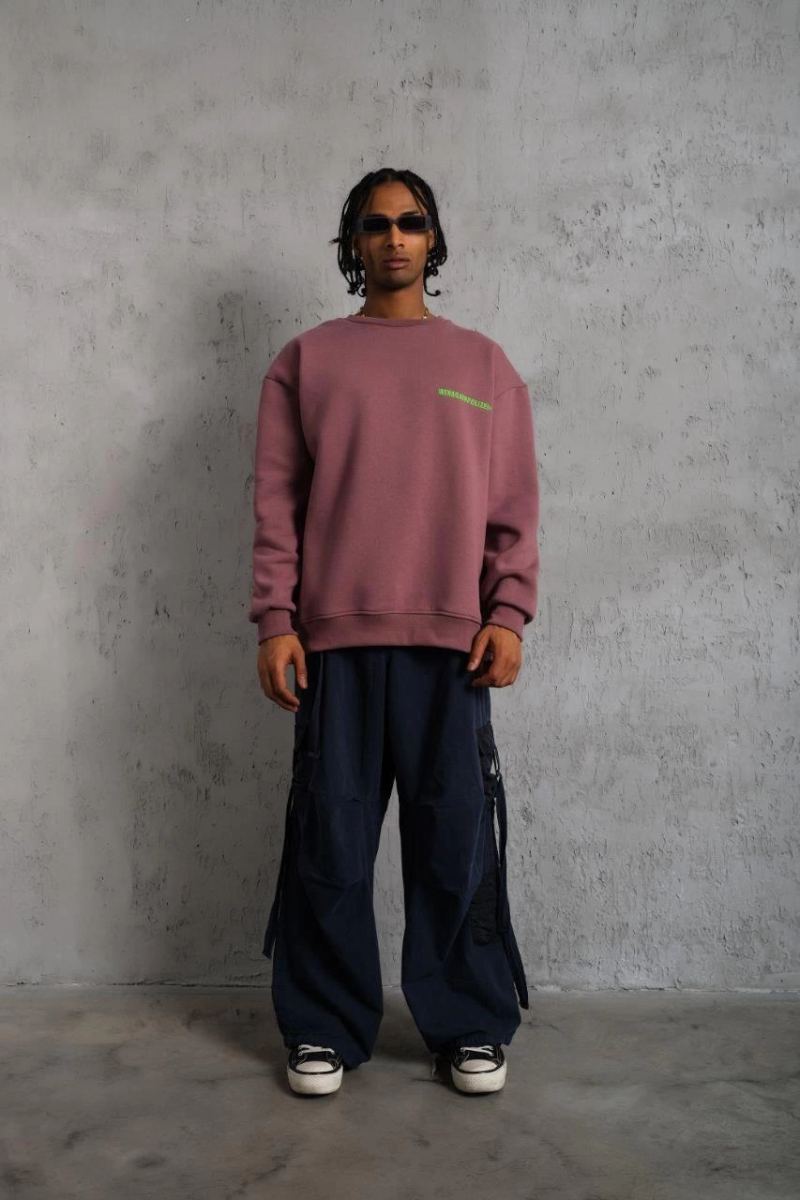 Erkek Bisiklet Yaka Baskılı 3 iplik pamuklu Sweatshirt - Gül Kurusu