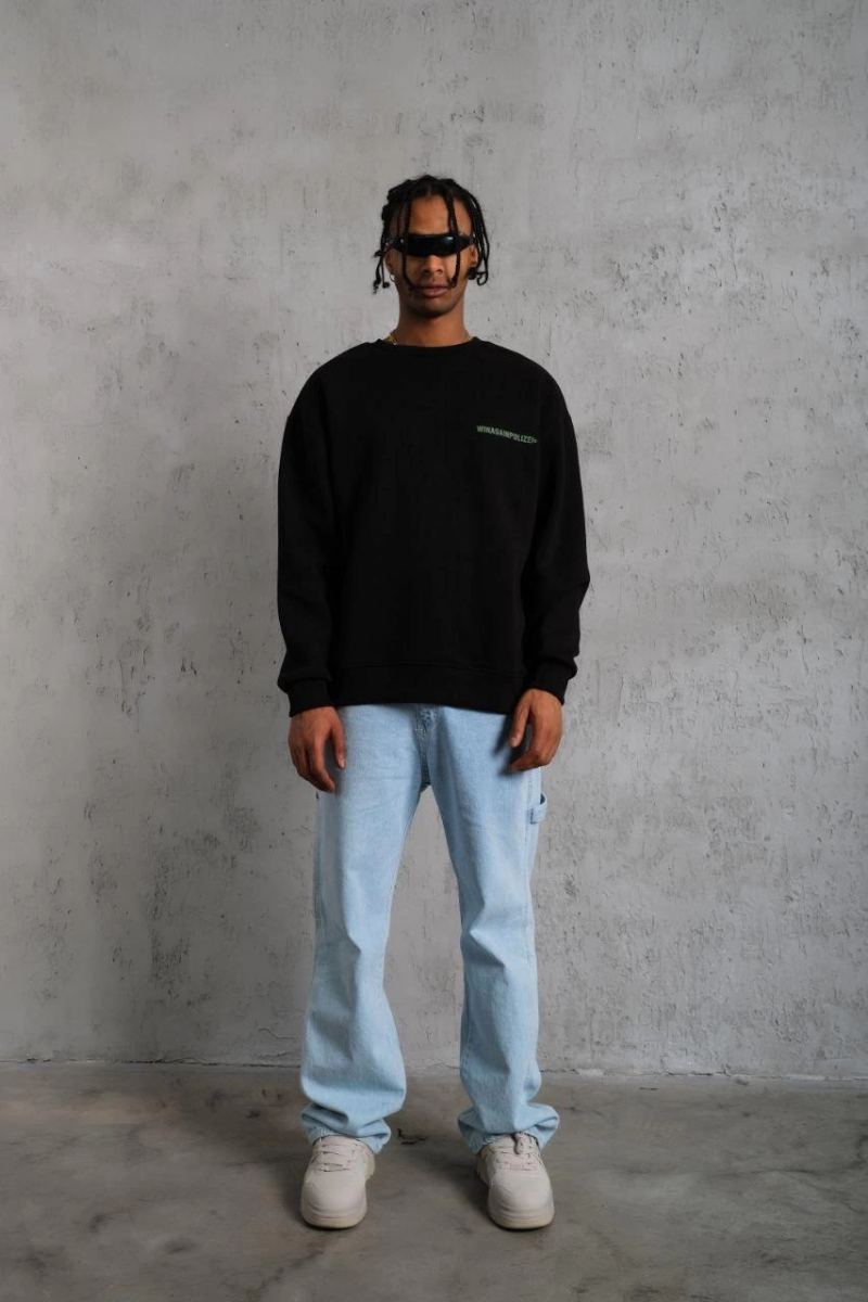 Erkek Bisiklet Yaka Baskılı 3 iplik pamuklu Sweatshirt - Siyah