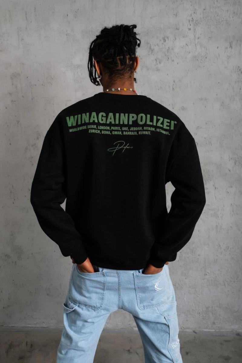 Erkek Bisiklet Yaka Baskılı 3 iplik pamuklu Sweatshirt - Siyah
