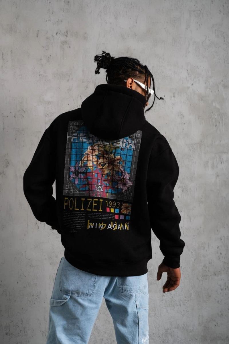 Erkek 3 İplik Pamuklu Kapüşonlu Baskılı Cepli Oversize Sweatshirt Hoodie - Siyah