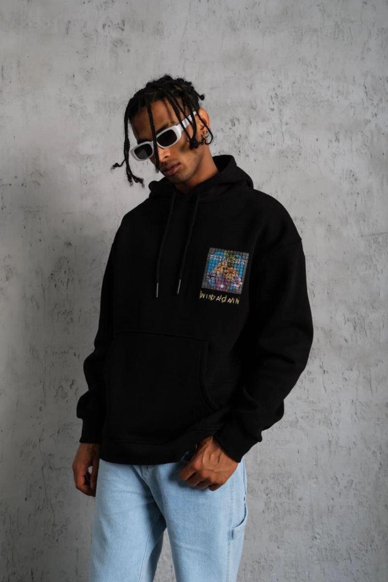 Erkek 3 İplik Pamuklu Kapüşonlu Baskılı Cepli Oversize Sweatshirt Hoodie - Siyah