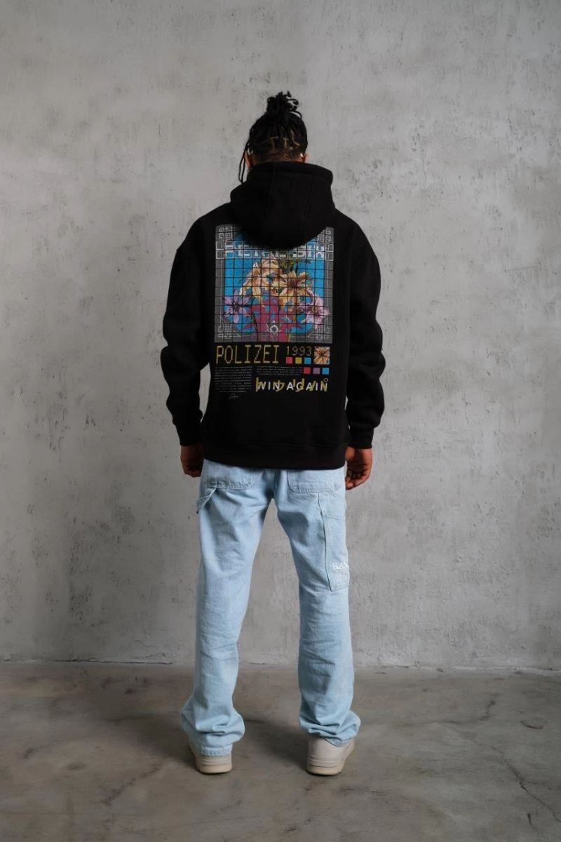 Erkek 3 İplik Pamuklu Kapüşonlu Baskılı Cepli Oversize Sweatshirt Hoodie - Siyah
