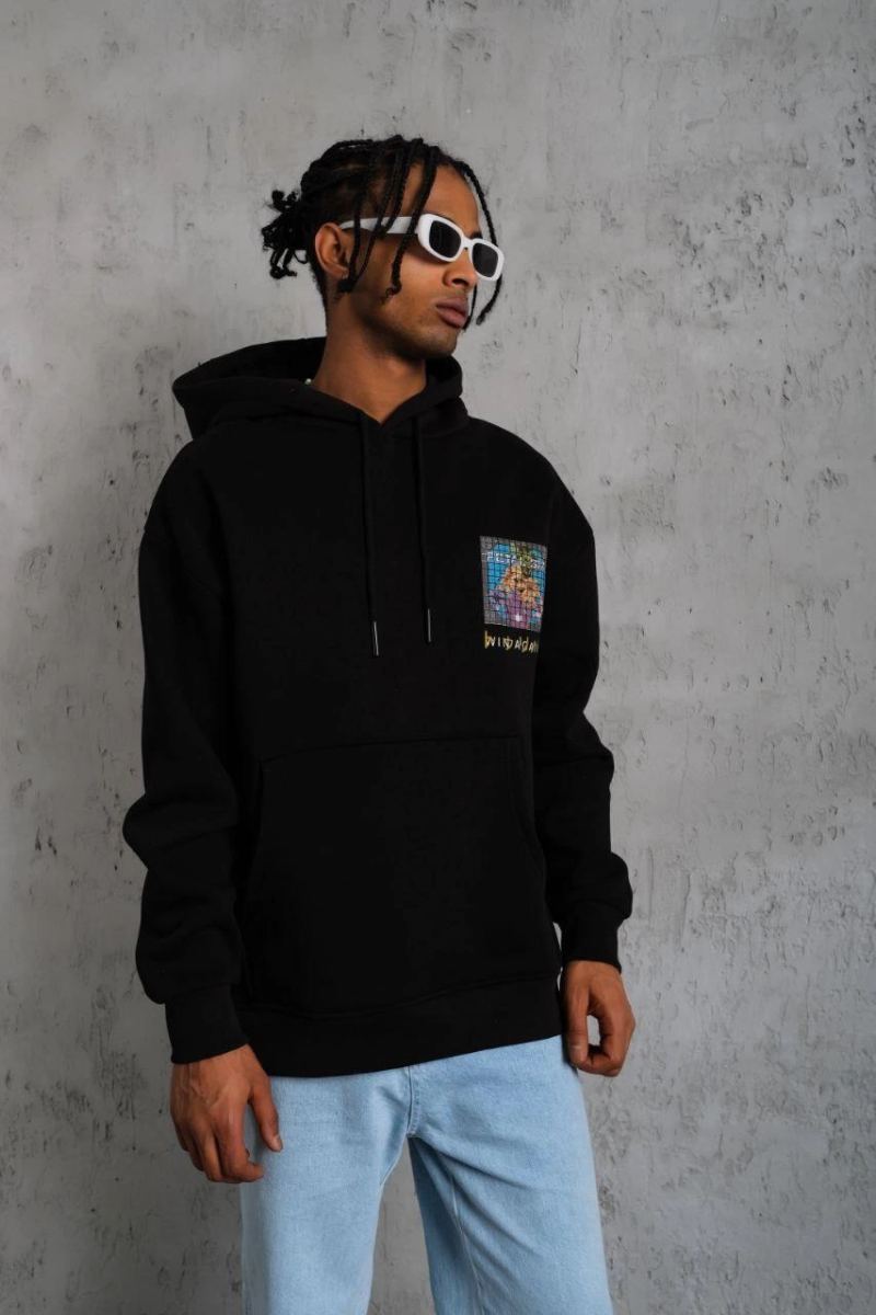 Erkek 3 İplik Pamuklu Kapüşonlu Baskılı Cepli Oversize Sweatshirt Hoodie - Siyah