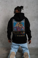 Erkek 3 İplik Pamuklu Kapüşonlu Baskılı Cepli Oversize Sweatshirt Hoodie - Siyah