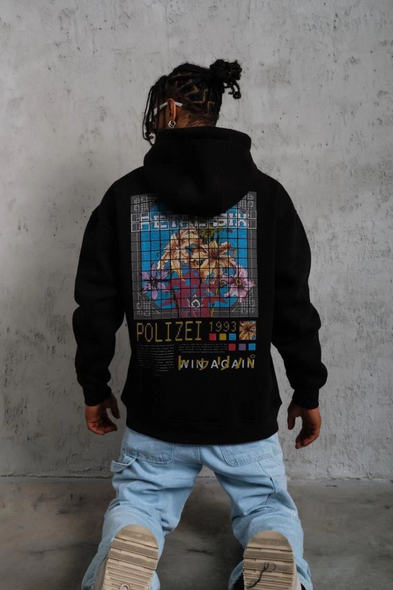 Erkek 3 İplik Pamuklu Kapüşonlu Baskılı Cepli Oversize Sweatshirt Hoodie - Siyah