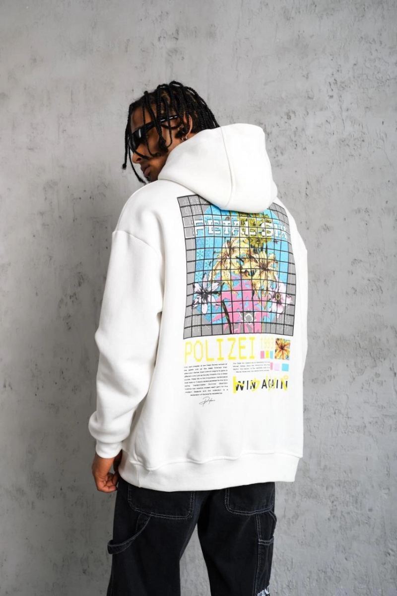 Erkek 3 İplik Pamuklu Kapüşonlu Baskılı Cepli Oversize Sweatshirt Hoodie - Beyaz