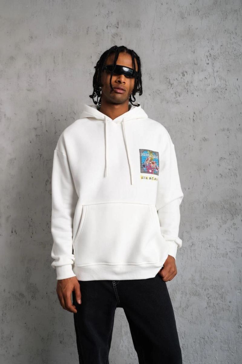 Erkek 3 İplik Pamuklu Kapüşonlu Baskılı Cepli Oversize Sweatshirt Hoodie - Beyaz