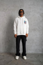 Erkek 3 İplik Pamuklu Kapüşonlu Baskılı Cepli Oversize Sweatshirt Hoodie - Beyaz