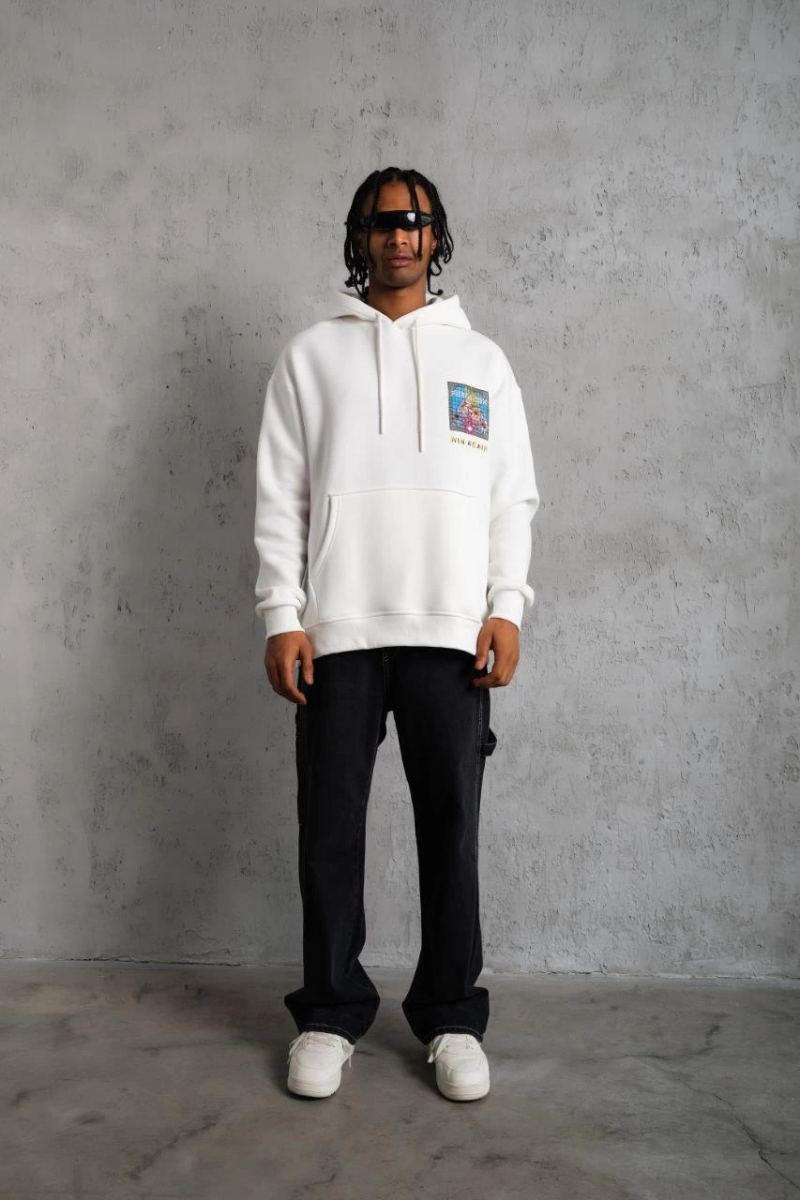 Erkek 3 İplik Pamuklu Kapüşonlu Baskılı Cepli Oversize Sweatshirt Hoodie - Beyaz