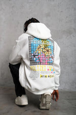 Erkek 3 İplik Pamuklu Kapüşonlu Baskılı Cepli Oversize Sweatshirt Hoodie - Beyaz