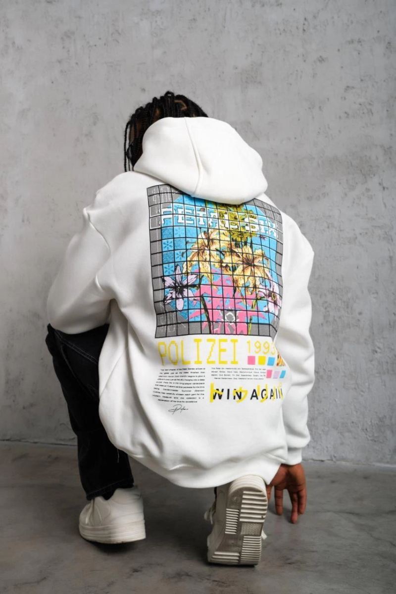 Erkek 3 İplik Pamuklu Kapüşonlu Baskılı Cepli Oversize Sweatshirt Hoodie - Beyaz