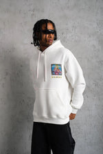 Erkek 3 İplik Pamuklu Kapüşonlu Baskılı Cepli Oversize Sweatshirt Hoodie - Beyaz