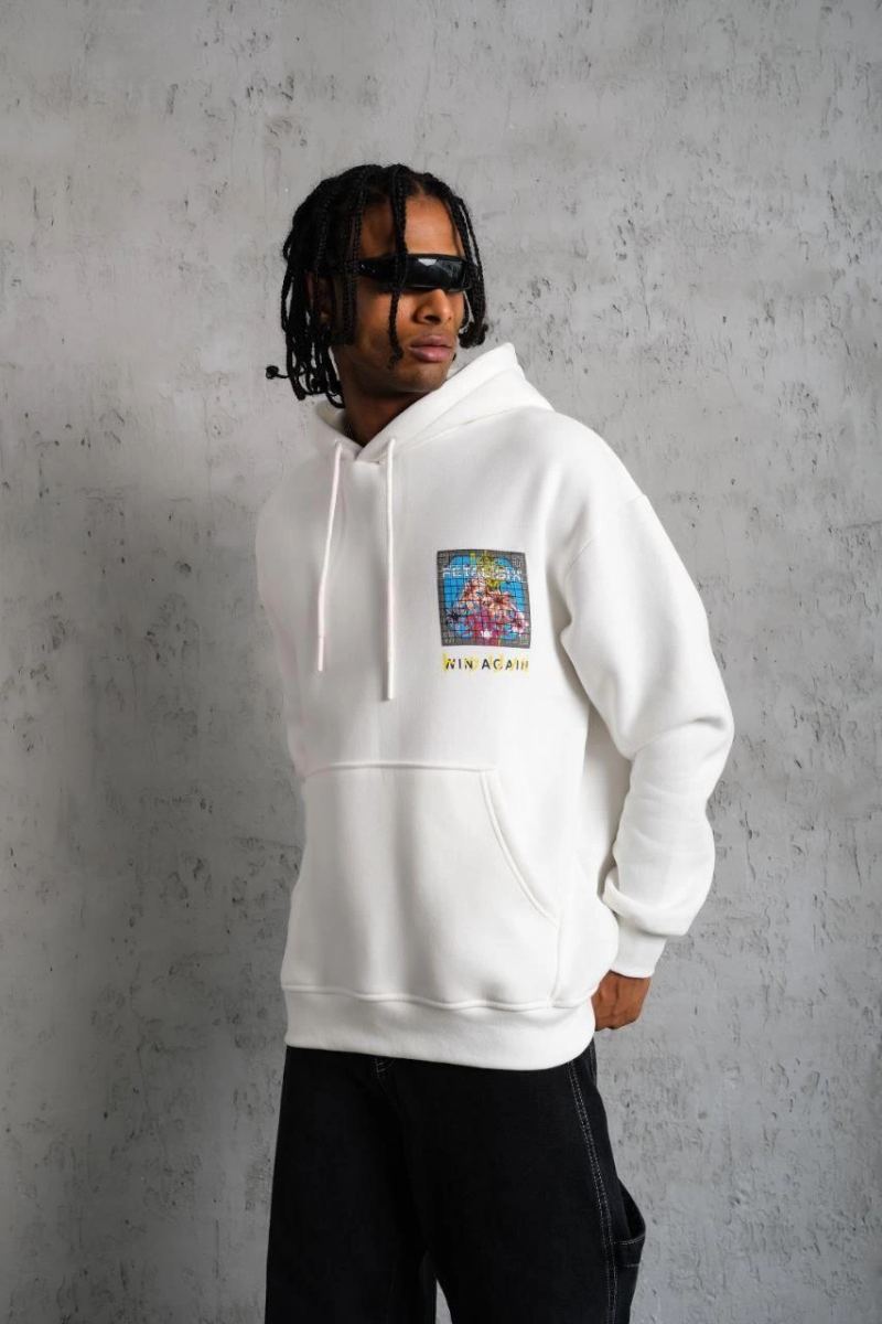 Erkek 3 İplik Pamuklu Kapüşonlu Baskılı Cepli Oversize Sweatshirt Hoodie - Beyaz