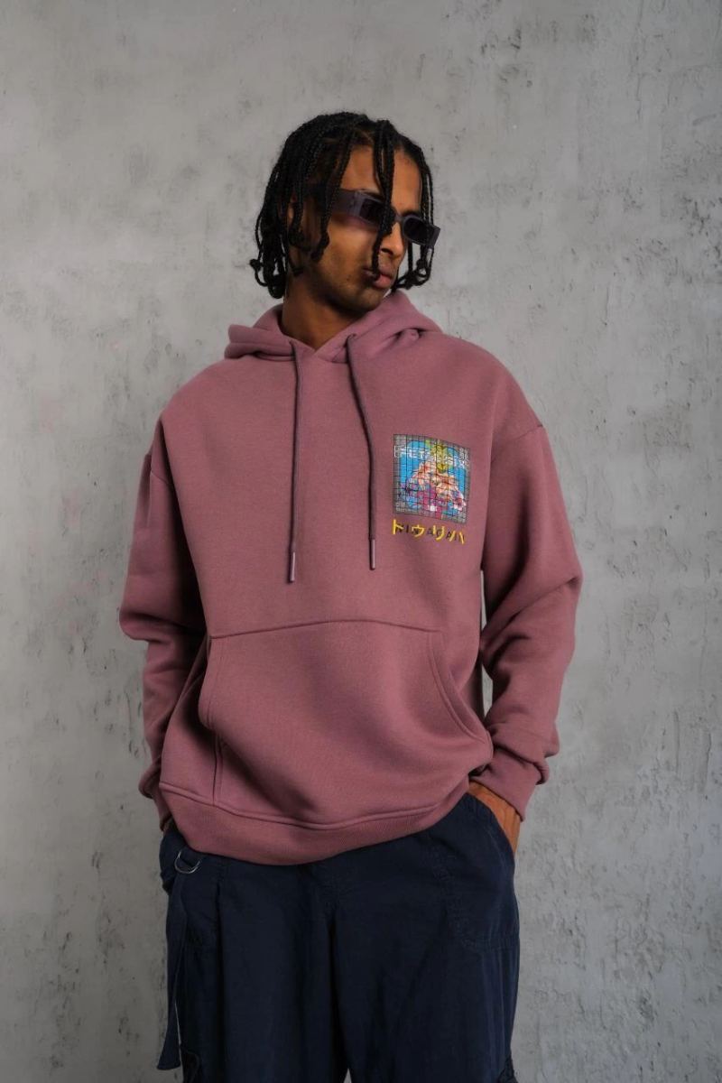 Erkek 3 İplik Pamuklu Kapüşonlu Baskılı Cepli Oversize Sweatshirt Hoodie - Gül Kurusu