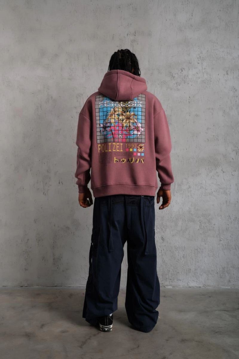 Erkek 3 İplik Pamuklu Kapüşonlu Baskılı Cepli Oversize Sweatshirt Hoodie - Gül Kurusu