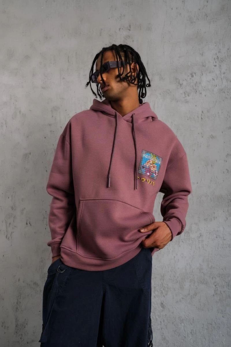 Erkek 3 İplik Pamuklu Kapüşonlu Baskılı Cepli Oversize Sweatshirt Hoodie - Gül Kurusu