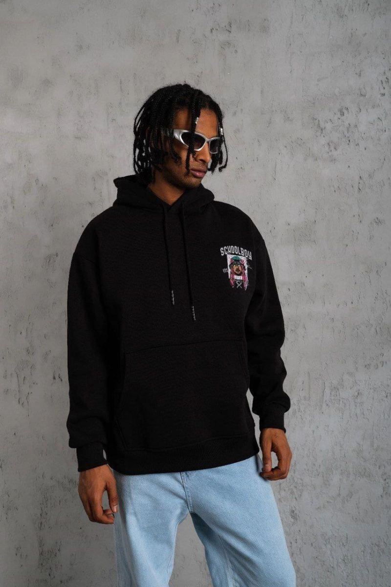Erkek 3 İplik Pamuklu Kapüşonlu Baskılı Cepli Oversize Sweatshirt Hoodie - Siyah