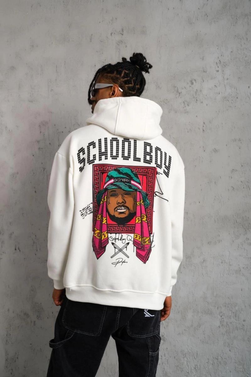 Erkek 3 İplik Pamuklu Kapüşonlu Baskılı Cepli Oversize Sweatshirt Hoodie - Beyaz