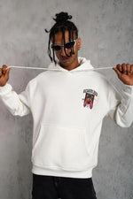 Erkek 3 İplik Pamuklu Kapüşonlu Baskılı Cepli Oversize Sweatshirt Hoodie - Beyaz