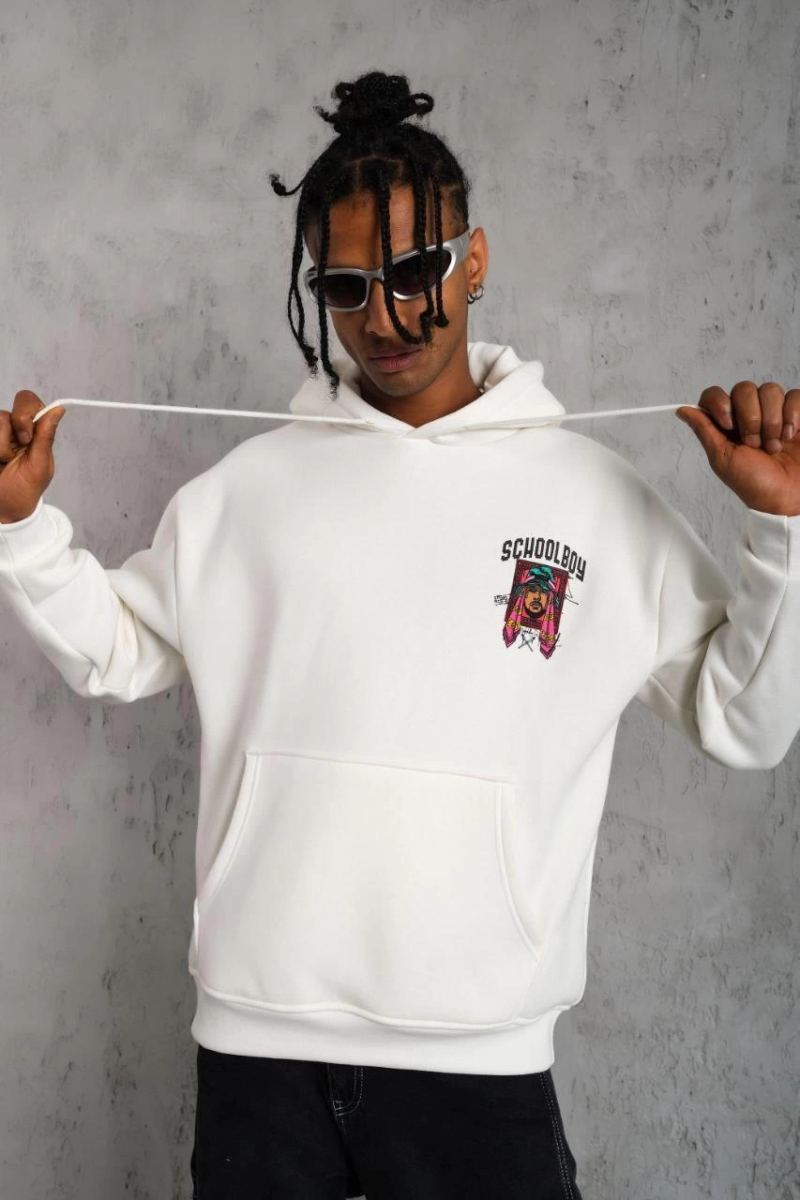 Erkek 3 İplik Pamuklu Kapüşonlu Baskılı Cepli Oversize Sweatshirt Hoodie - Beyaz