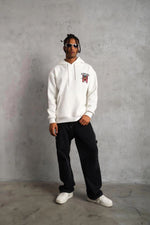 Erkek 3 İplik Pamuklu Kapüşonlu Baskılı Cepli Oversize Sweatshirt Hoodie - Beyaz