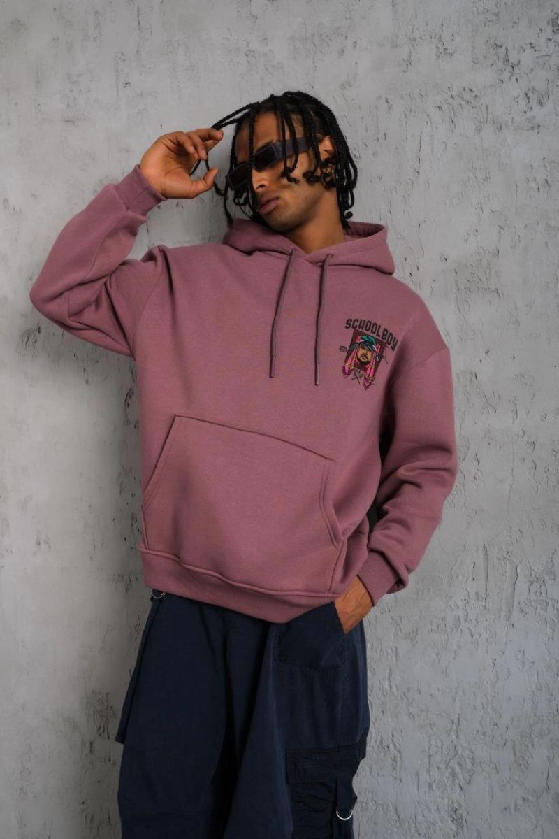 Erkek 3 İplik Pamuklu Kapüşonlu Baskılı Cepli Oversize Sweatshirt Hoodie - Gül Kurusu