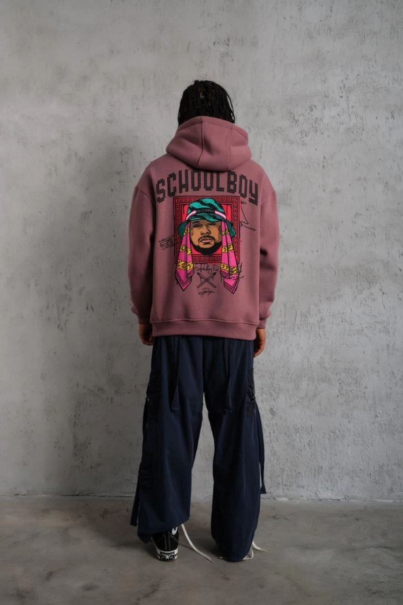Erkek 3 İplik Pamuklu Kapüşonlu Baskılı Cepli Oversize Sweatshirt Hoodie - Gül Kurusu