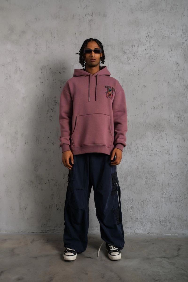 Erkek 3 İplik Pamuklu Kapüşonlu Baskılı Cepli Oversize Sweatshirt Hoodie - Gül Kurusu