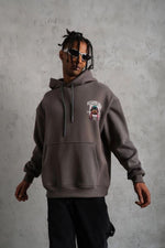 Erkek 3 İplik Pamuklu Kapüşonlu Baskılı Cepli Oversize Sweatshirt Hoodie - Gri