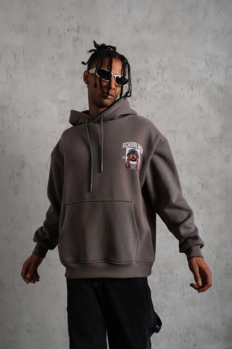 Erkek 3 İplik Pamuklu Kapüşonlu Baskılı Cepli Oversize Sweatshirt Hoodie - Gri