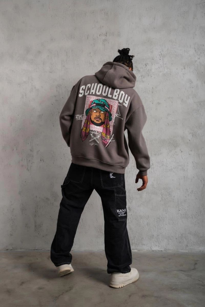 Erkek 3 İplik Pamuklu Kapüşonlu Baskılı Cepli Oversize Sweatshirt Hoodie - Gri