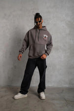 Erkek 3 İplik Pamuklu Kapüşonlu Baskılı Cepli Oversize Sweatshirt Hoodie - Gri