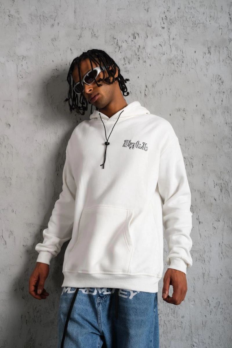 Erkek 3 İplik Pamuklu Kapüşonlu Baskılı Cepli Oversize Sweatshirt Hoodie - Beyaz