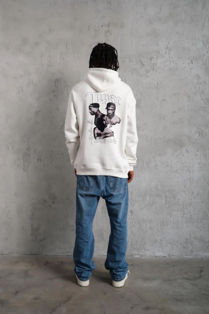 Erkek 3 İplik Pamuklu Kapüşonlu Baskılı Cepli Oversize Sweatshirt Hoodie - Beyaz