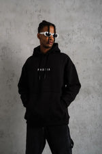 Erkek 3 İplik Pamuklu Kapüşonlu Baskılı Cepli Oversize Sweatshirt Hoodie - Siyah