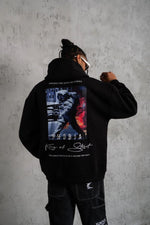 Erkek 3 İplik Pamuklu Kapüşonlu Baskılı Cepli Oversize Sweatshirt Hoodie - Siyah
