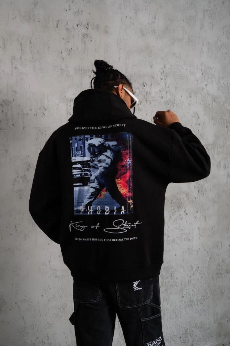 Erkek 3 İplik Pamuklu Kapüşonlu Baskılı Cepli Oversize Sweatshirt Hoodie - Siyah