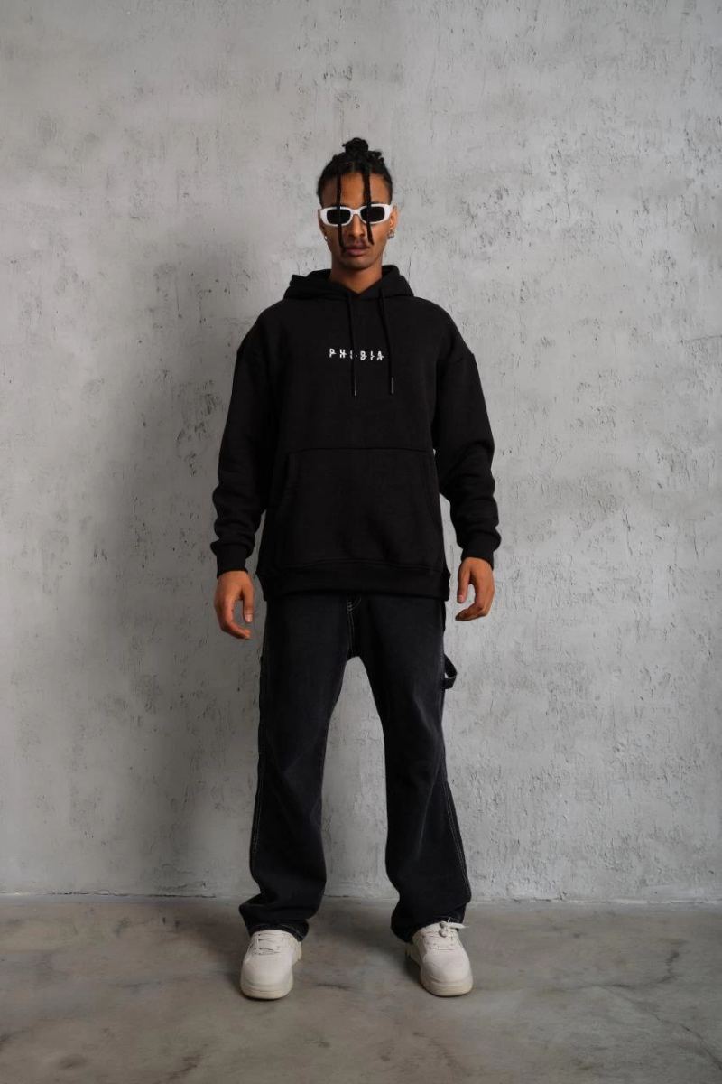 Erkek 3 İplik Pamuklu Kapüşonlu Baskılı Cepli Oversize Sweatshirt Hoodie - Siyah