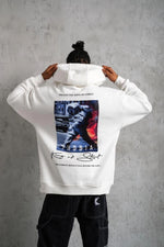 Erkek 3 İplik Pamuklu Kapüşonlu Baskılı Cepli Oversize Sweatshirt Hoodie - Beyaz