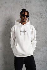 Erkek 3 İplik Pamuklu Kapüşonlu Baskılı Cepli Oversize Sweatshirt Hoodie - Beyaz
