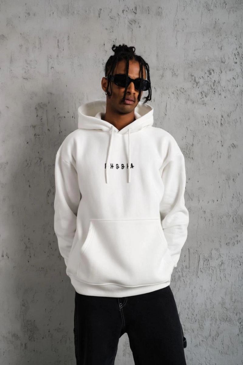 Erkek 3 İplik Pamuklu Kapüşonlu Baskılı Cepli Oversize Sweatshirt Hoodie - Beyaz