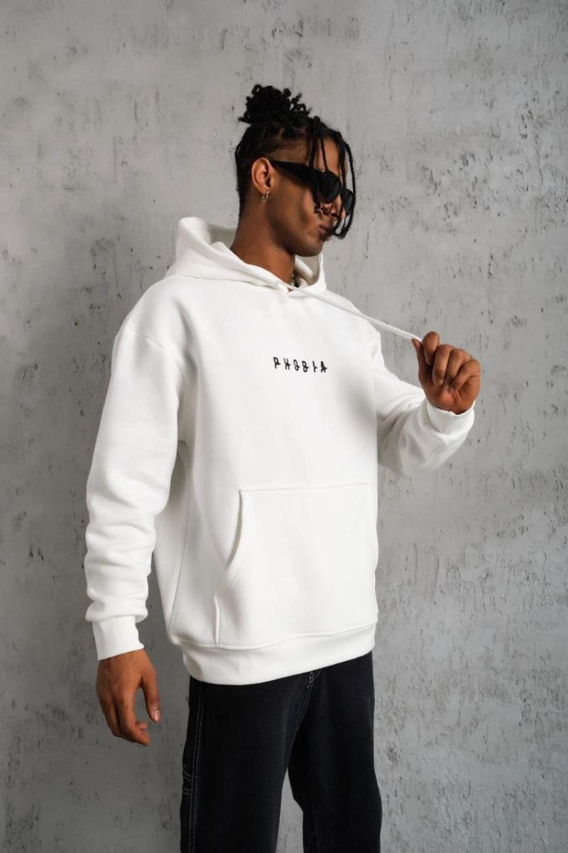 Erkek 3 İplik Pamuklu Kapüşonlu Baskılı Cepli Oversize Sweatshirt Hoodie - Beyaz