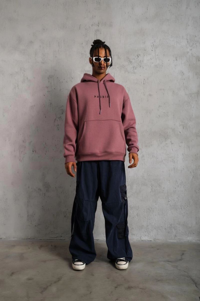 Erkek 3 İplik Pamuklu Kapüşonlu Baskılı Cepli Oversize Sweatshirt Hoodie - Gül Kurusu