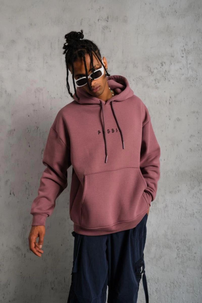 Erkek 3 İplik Pamuklu Kapüşonlu Baskılı Cepli Oversize Sweatshirt Hoodie - Gül Kurusu
