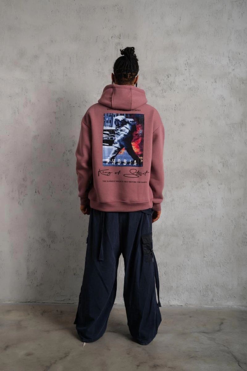 Erkek 3 İplik Pamuklu Kapüşonlu Baskılı Cepli Oversize Sweatshirt Hoodie - Gül Kurusu