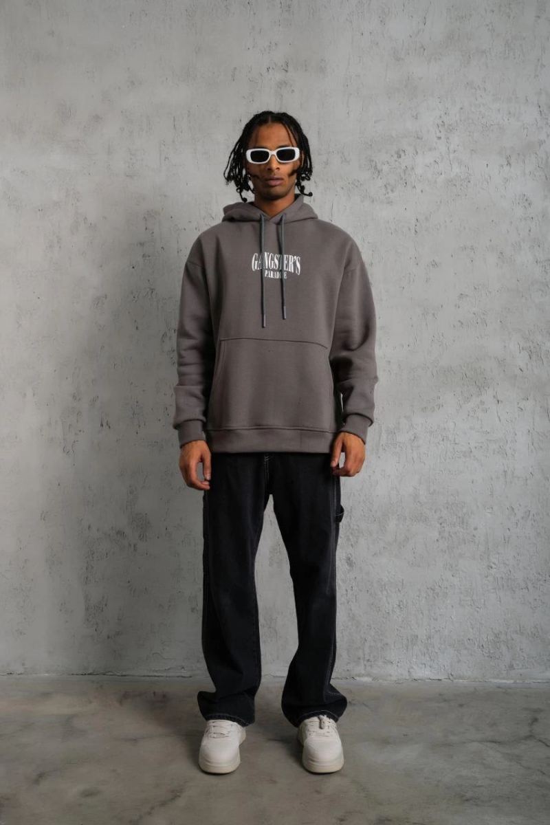 Erkek 3 İplik Pamuklu Baskılı Kapüşonlu Cepli Sweatshirt Hoodie - Gri