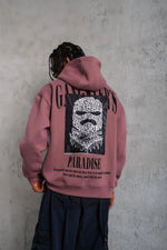 Erkek 3 İplik Pamuklu Kapüşonlu Baskılı Cepli Oversize Sweatshirt Hoodie - Gül Kurusu