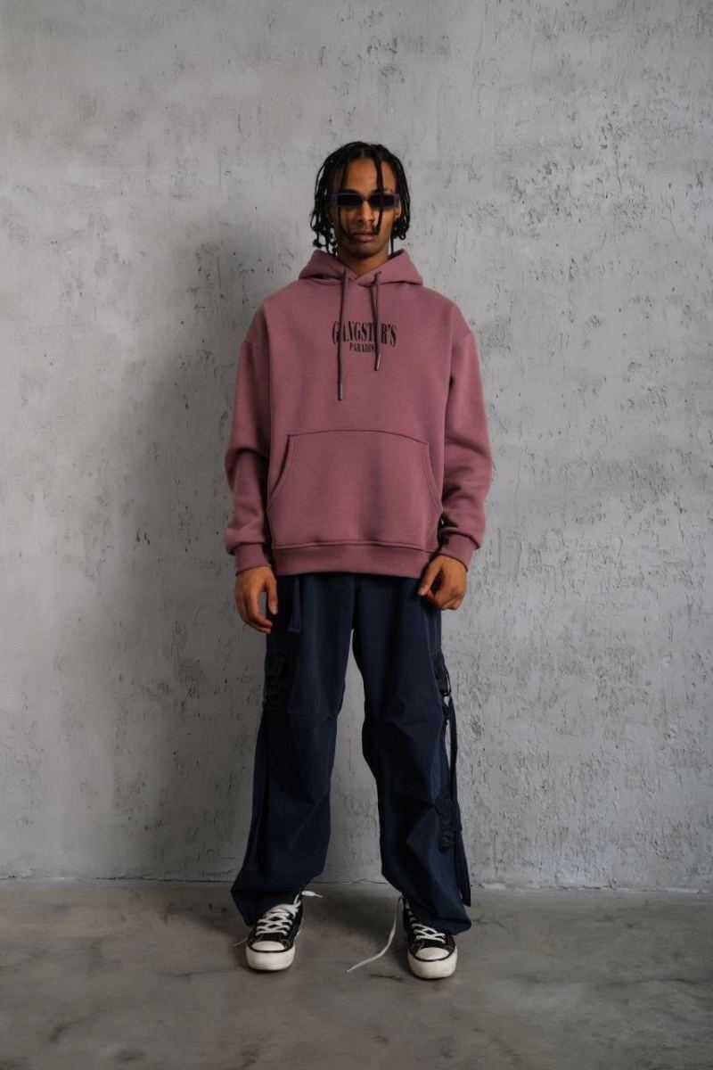 Erkek 3 İplik Pamuklu Kapüşonlu Baskılı Cepli Oversize Sweatshirt Hoodie - Gül Kurusu
