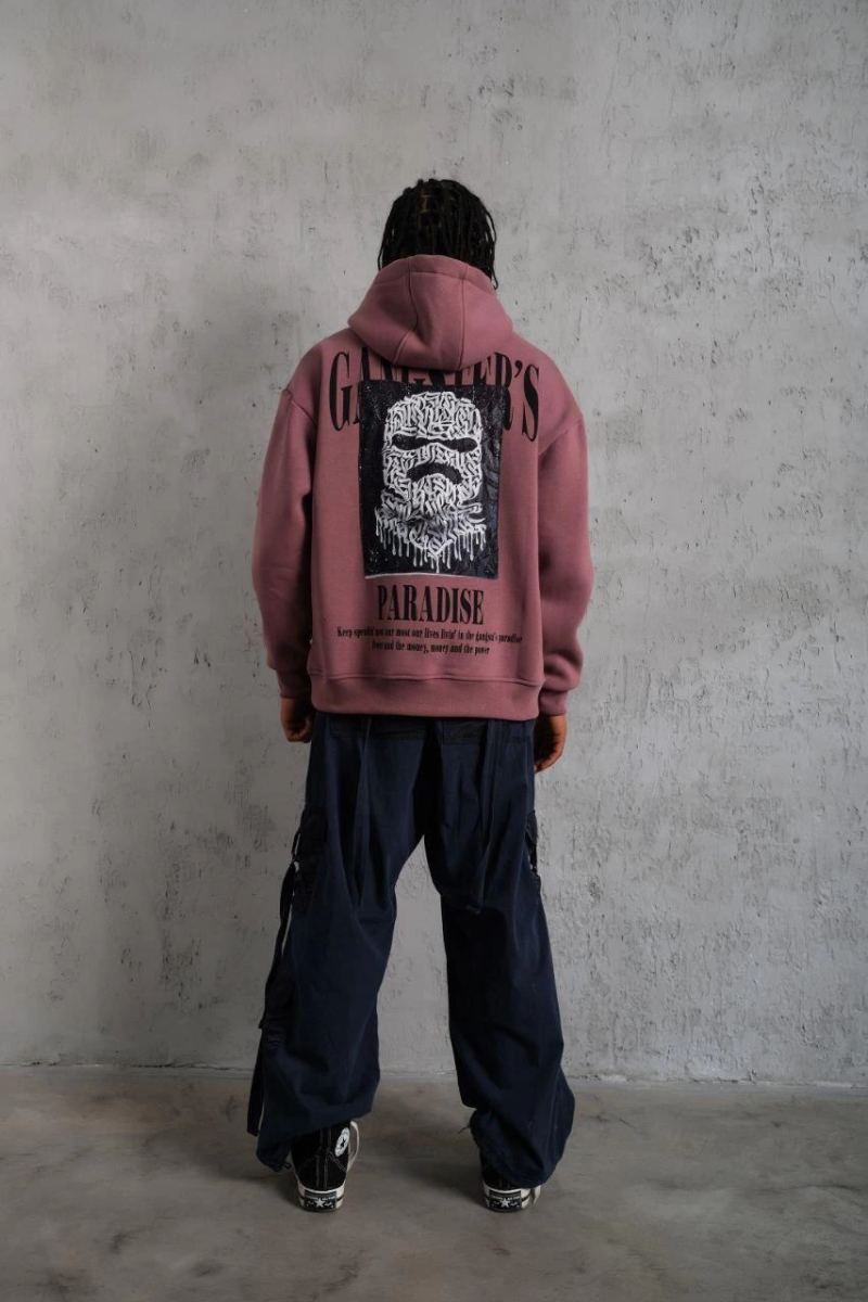 Erkek 3 İplik Pamuklu Kapüşonlu Baskılı Cepli Oversize Sweatshirt Hoodie - Gül Kurusu