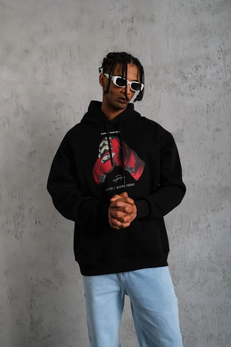 Erkek Kapüşonlu Cepli Box Eldiven Baskılı 3 İplik Sweatshirt Hoodie - Siyah